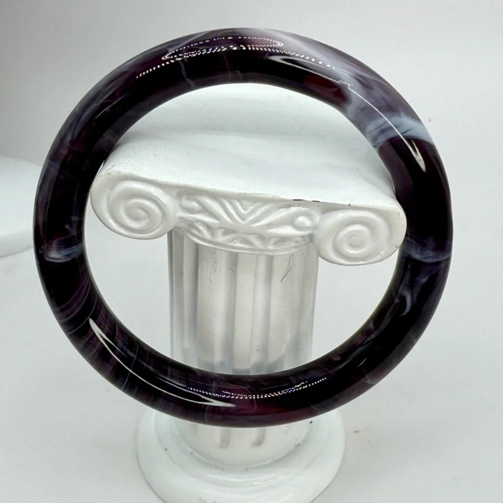 Vintage Chinese Glass Bangle – Black, Purple & White Swirl – Size 7.5